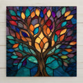 Tree of Life ceramic tile wall art in a colorful stained glass–style design with vibrant jewel-tone leaves and flowing branches. This is a permanent printed ceramic tile, not real stained glass or mosaic. Ideal for symbolic wall decor and meaningful home decor. Optional tile wall hanger, easel tile stand, cork backing, and premium frame available.