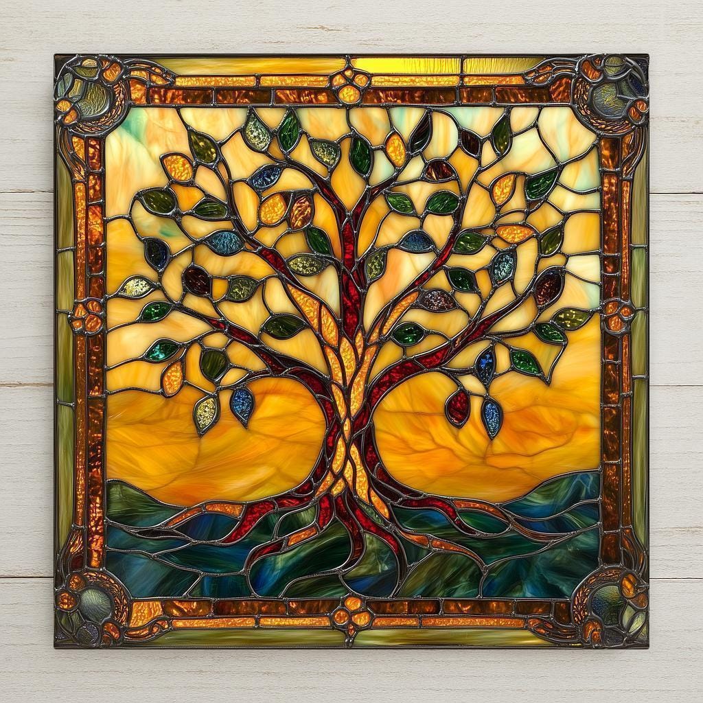 This stained glass Tree of Life ceramic tile features glowing leaves, bold roots, and vibrant color. A symbolic, handmade wall art gift for any home.