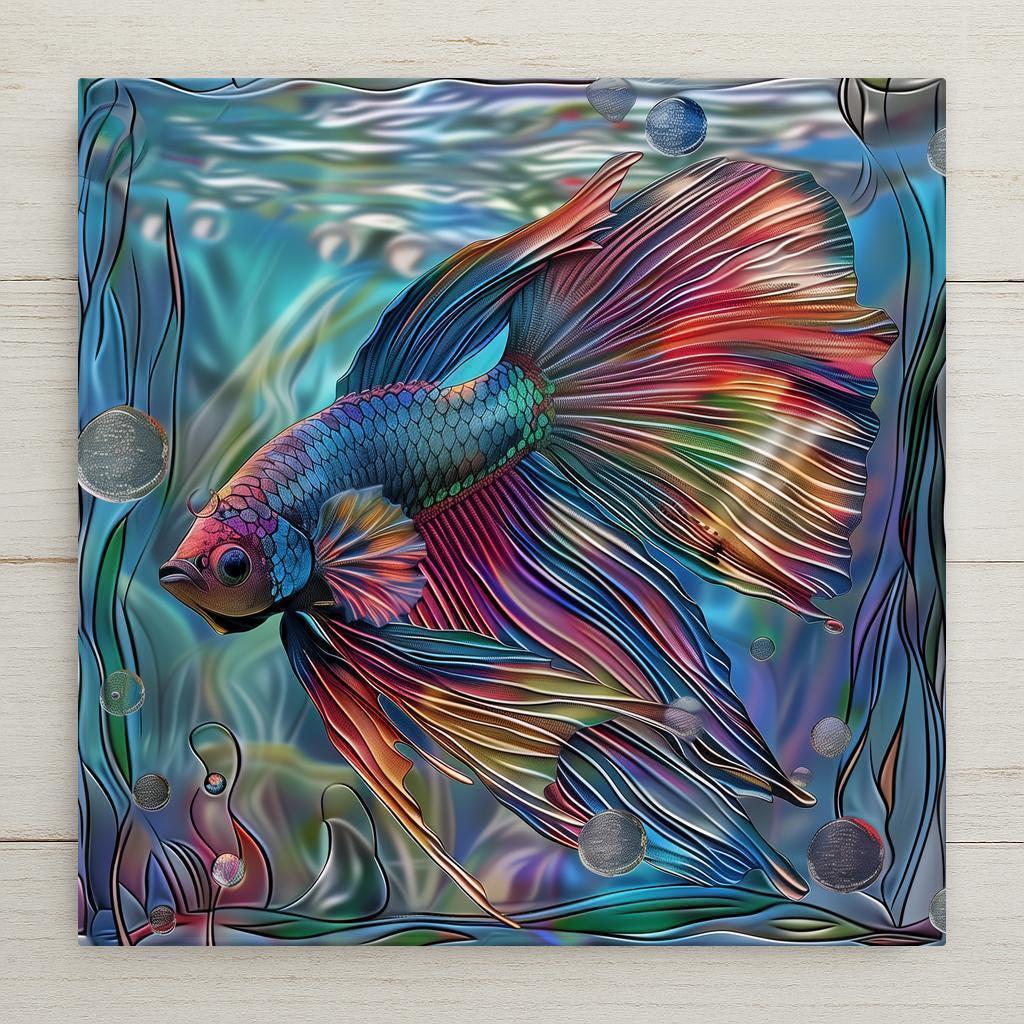 Artistic Betta fish tile with shimmering fins and stained glass style. Printed with fade-resistant inks for bold color and detail. Optional tile wall hanger, easel stand, or cork backing available.