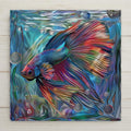 Artistic Betta fish tile with shimmering fins and stained glass style. Printed with fade-resistant inks for bold color and detail. Optional tile wall hanger, easel stand, or cork backing available.