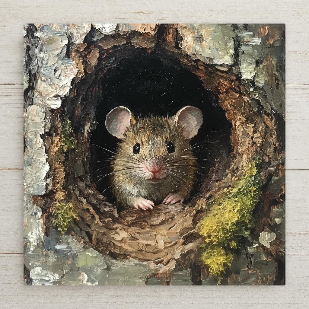 Lifelike ceramic mouse tile wall art with forest tree hollow design. A charming nature gift for wildlife lovers, cabin decor, or woodland nursery wall decor accents.