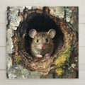 Lifelike ceramic mouse tile wall art with forest tree hollow design. A charming nature gift for wildlife lovers, cabin decor, or woodland nursery wall decor accents.