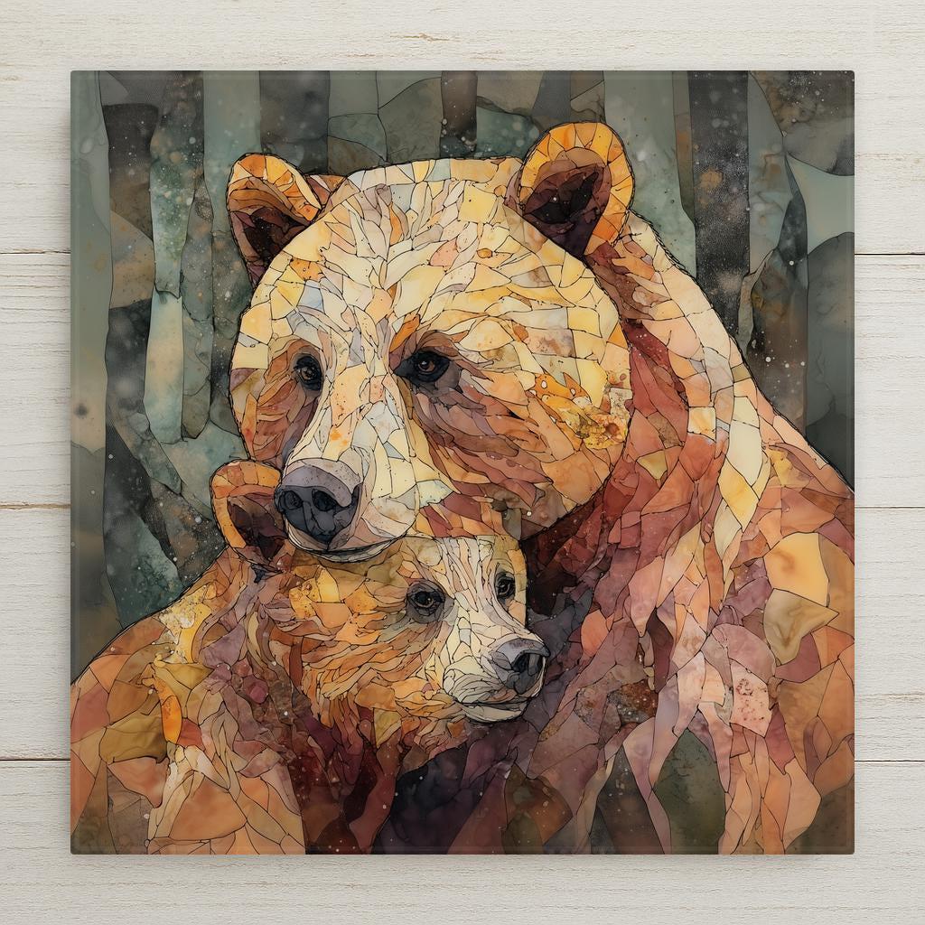 Bear and cub mosaic-style ceramic tile with warm forest tones and stained glass effect.