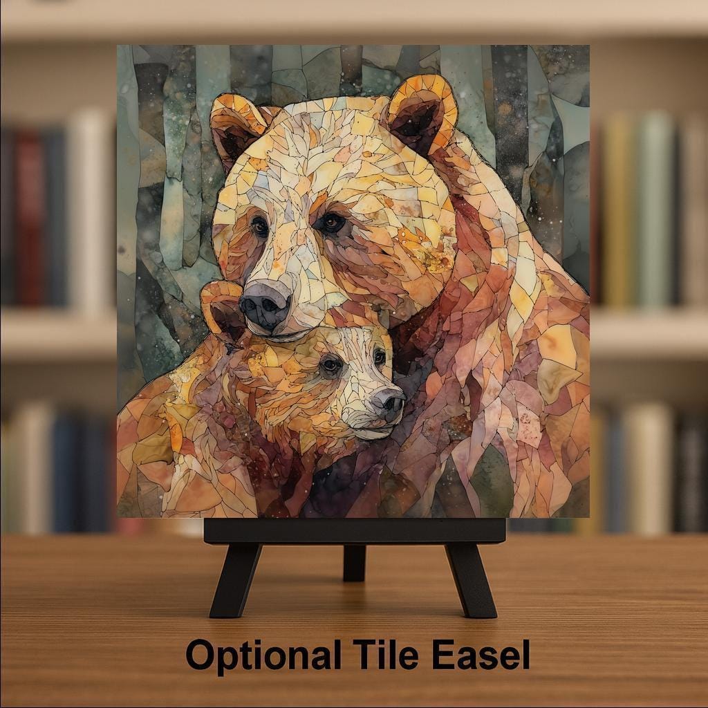 Bear and Cub Wall Art Ceramic Tile Wildlife Nursery Decor Cabin Lodge Gift Bear Lover Nature Tile