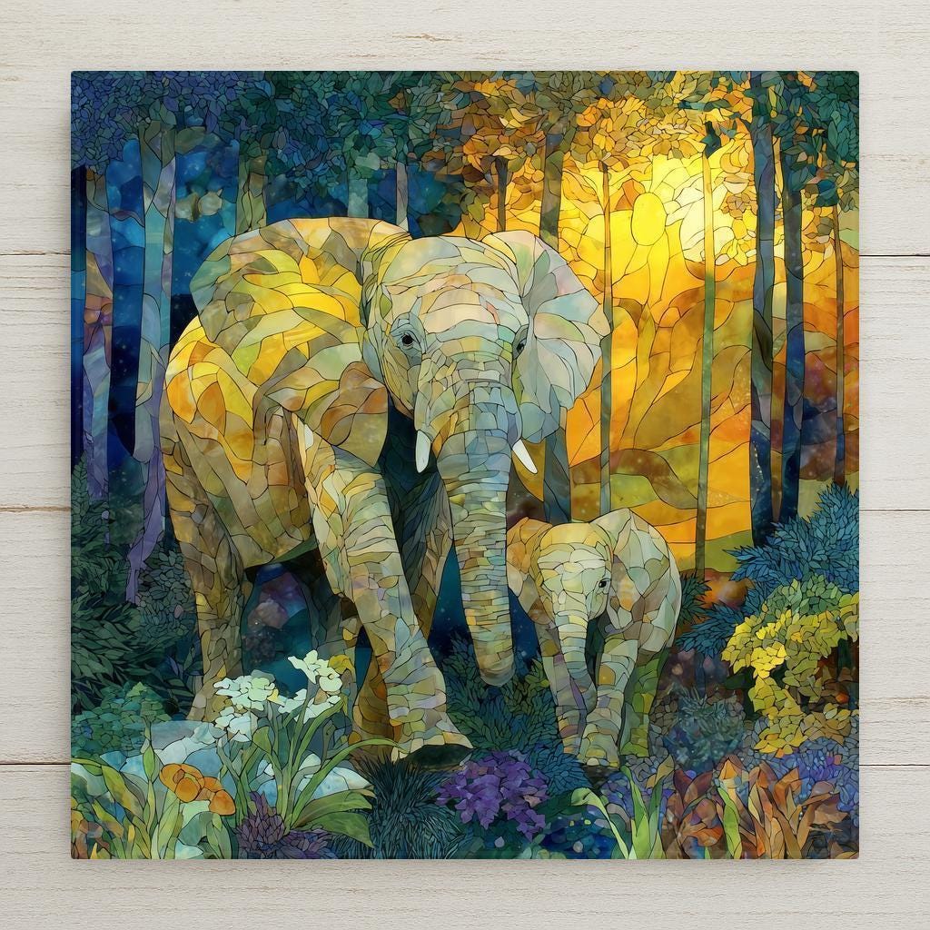 Stained glass style illustration of a mother elephant walking forward with her baby through a forest filled with plants, trees, and glowing light. The artwork features layered mosaic textures, rich jewel tones, and a warm, protective mood. The image is printed on a square ceramic decorative tile with a smooth glossy finish, designed as meaningful wildlife wall decor.