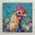 Colorful rooster tile art with floral accents and textured painterly details. Perfect for farmhouse kitchens, gifts, or country home decor and wall art.