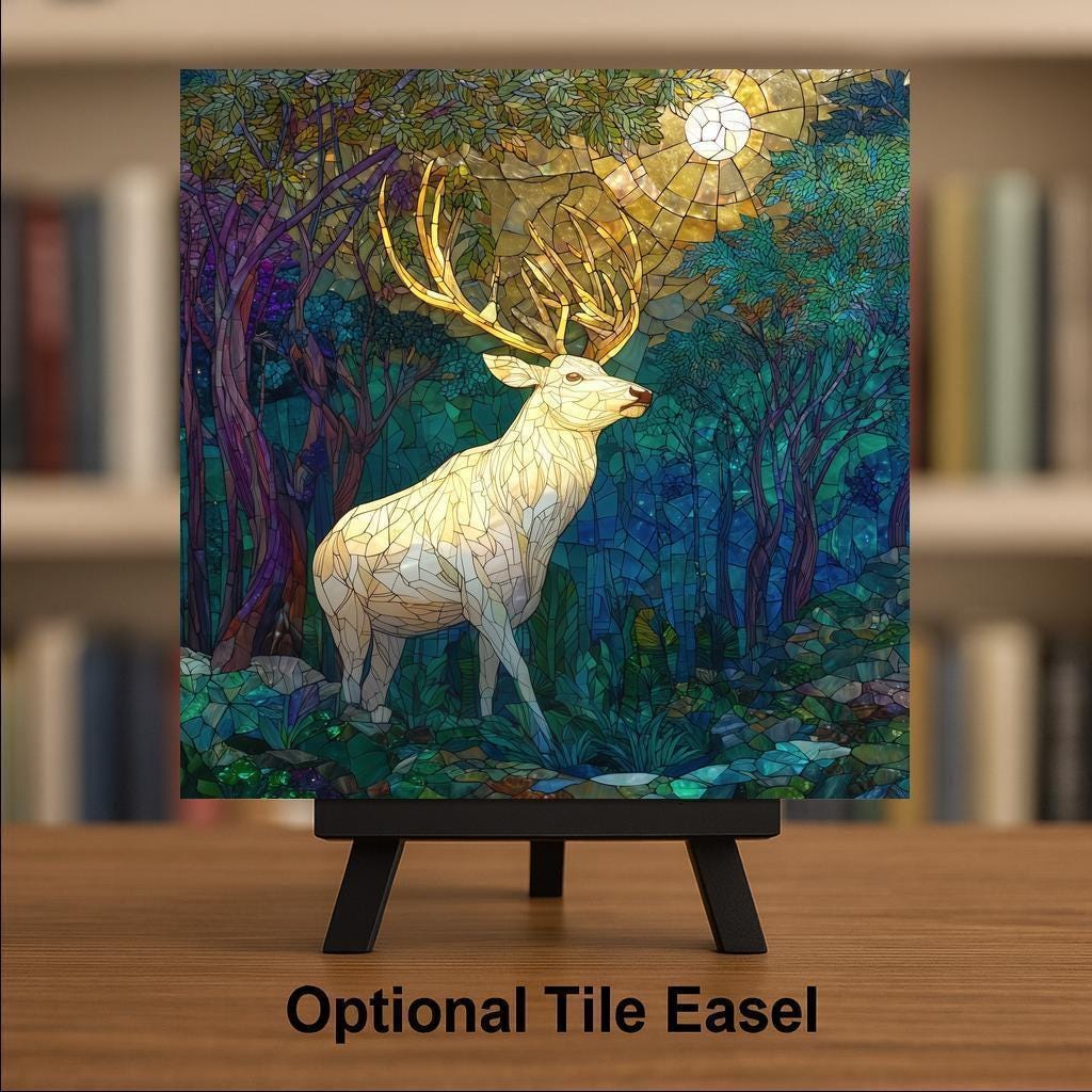 White Stag Wall Art Ceramic Tile Magical Forest Decor Woodland Gift Nature Lover Art