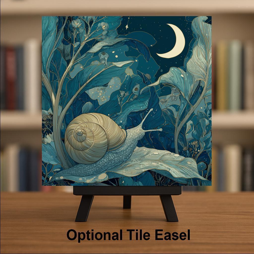 Moonlit Snail Ceramic Art Tile – Witchy Celestial Night Garden Decor, Whimsical Cottagecore Accent