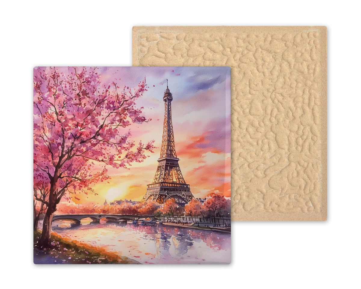 This piece transports you to a quiet moment in Paris at sunset—the Eiffel Tower glowing in the distance, cherry trees blossoming along the riverbank, and soft reflections dancing on the water’s surface. It’s more than art—it’s a memory of wanderlust, of stolen kisses under spring petals, of the joy of travel. Whether you've visited Paris or simply dream of it, this ceramic tile brings that emotional connection to life through vibrant, story-rich imagery.