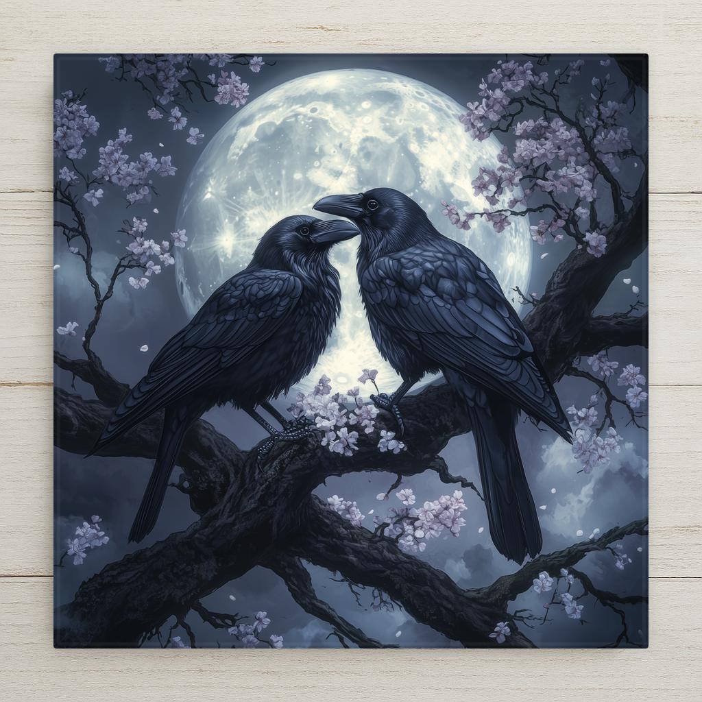 Celebrate the elegance of nature’s most mysterious birds. This ceramic tile wall art home decor showcases a stunning wildlife-inspired portrait of two crows under a full moon, rendered with lifelike feather texture, accurate posturing, and realistic light effects. Cherry blossoms bloom around them, a gentle reminder of fleeting beauty and seasonal change. Ideal for bird lovers, this tile makes a unique and meaningful gift for those who admire crows and their clever, loyal behaviors.