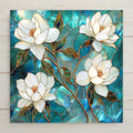 Bring timeless elegance into your home with this luminous stained glass magnolia tile. Four pearl escent white magnolia blooms, outlined in delicate metallic gold, flow gracefully across a rich mosaic of teal, turquoise, and aqua glass. The swirling branches, golden leaves, and intricate line work echo the sophistication of Art Nouveau and Tiffany glass. Perfect for collectors or anyone who loves botanical art with a serene, luxurious touch.