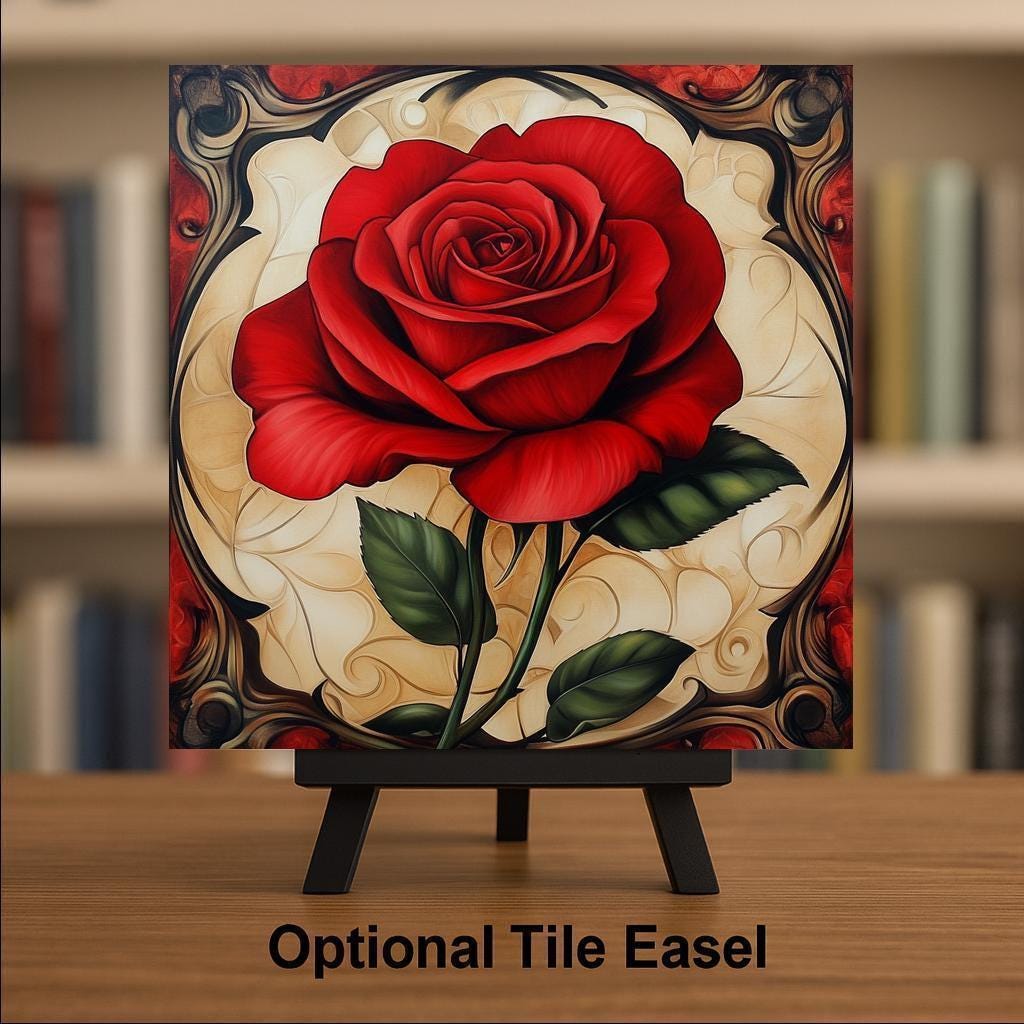 Rose Ceramic Art Tile – Art Nouveau Style, William Morris, Crimson Rose Lover Gift, Botanical Floral Nature Art Decor