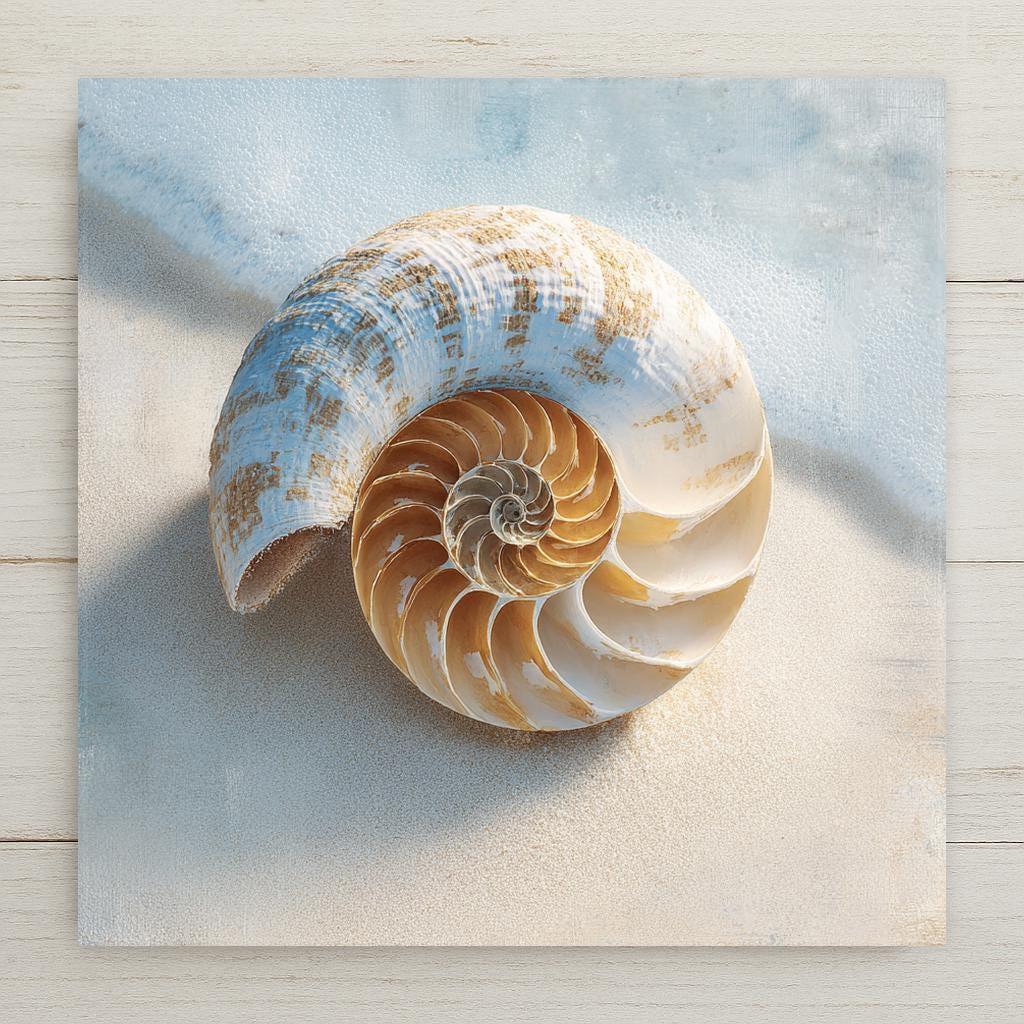 A serene nautilus shell ceramic tile featuring soft beige and blue coastal tones. This high-resolution printed tile captures the calm beauty of the shoreline and is perfect for coastal wall decor, beach house home decor, or minimalist ocean-inspired spaces.