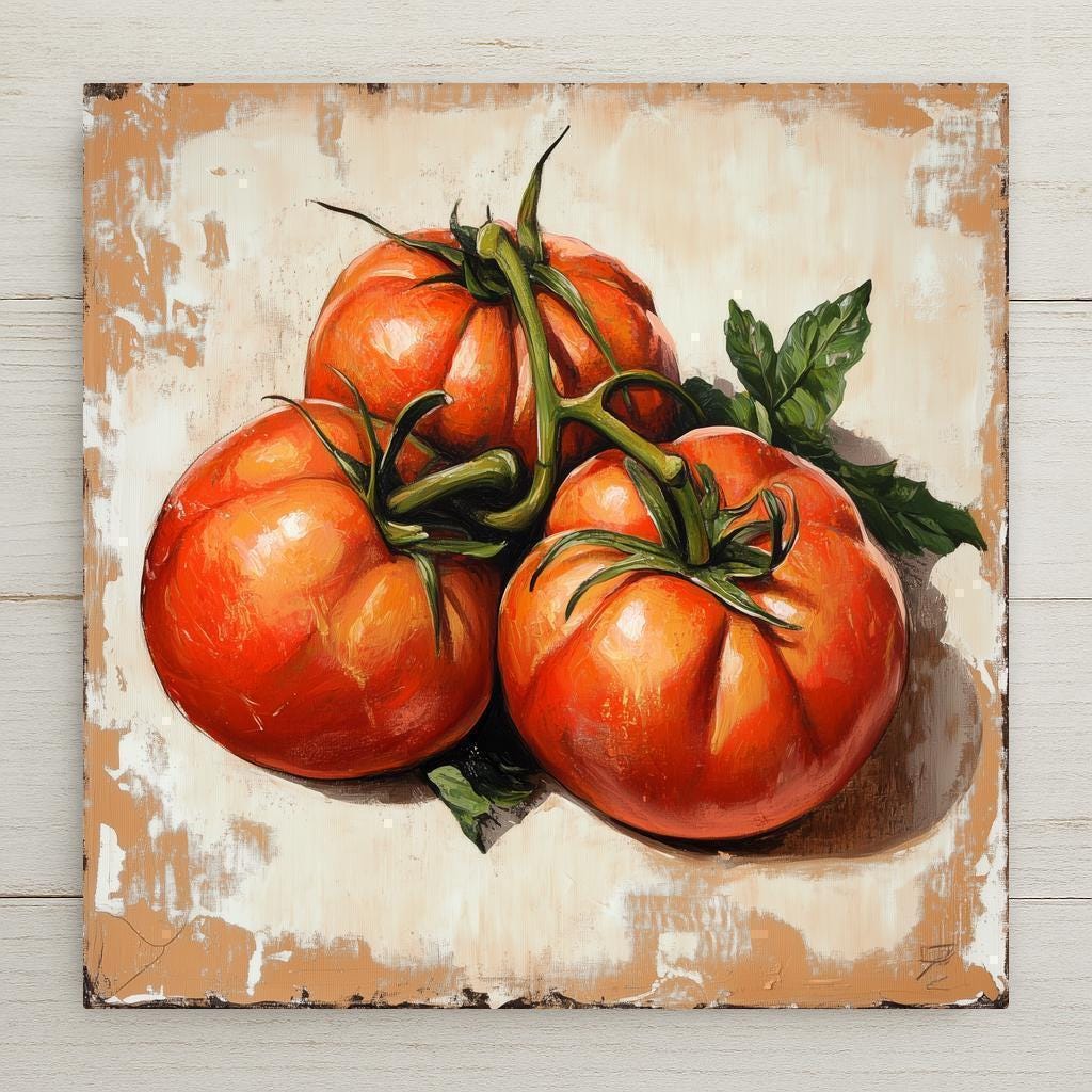Rustic ceramic tile featuring vintage-style heirloom tomatoes on a distressed beige background. Perfect for farmhouse kitchens, garden decor, or as a fruit-themed backsplash accent.