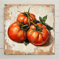 Rustic ceramic tile featuring vintage-style heirloom tomatoes on a distressed beige background. Perfect for farmhouse kitchens, garden decor, or as a fruit-themed backsplash accent.