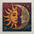 Celestial sun and moon ceramic tile artwork in a stained glass style, featuring golden sun and silver moon faces surrounded by stars and cosmic patterns. Symbolic wall decor representing balance, unity, and harmony, with rich jewel tones and mosaic-inspired detail.
