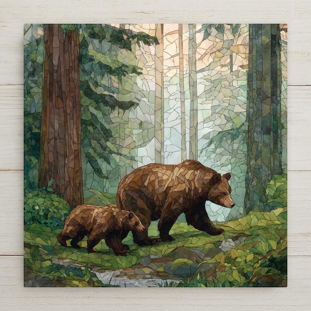Stained glass-style bear and cub ceramic tile wall art showing a mother bear leading her cub through a peaceful forest. A permanent high-resolution ceramic print designed to resemble stained glass, not made of glass or mosaic. Ideal for woodland home decor, family wall art, or a meaningful nature-inspired gift. Optional wall hanger, easel stand, cork backing, and premium frame available.