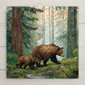 Stained glass-style bear and cub ceramic tile wall art showing a mother bear leading her cub through a peaceful forest. A permanent high-resolution ceramic print designed to resemble stained glass, not made of glass or mosaic. Ideal for woodland home decor, family wall art, or a meaningful nature-inspired gift. Optional wall hanger, easel stand, cork backing, and premium frame available.