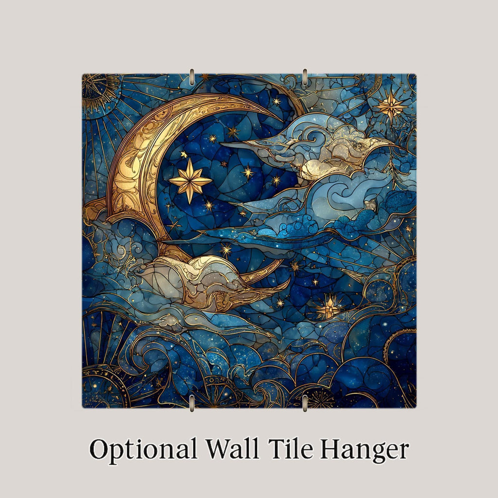 Moon & Stars Ceramic Tile Wall Art – Stained Glass Style Night Sky, Celestial Wall Decor, Mystical Home Decor