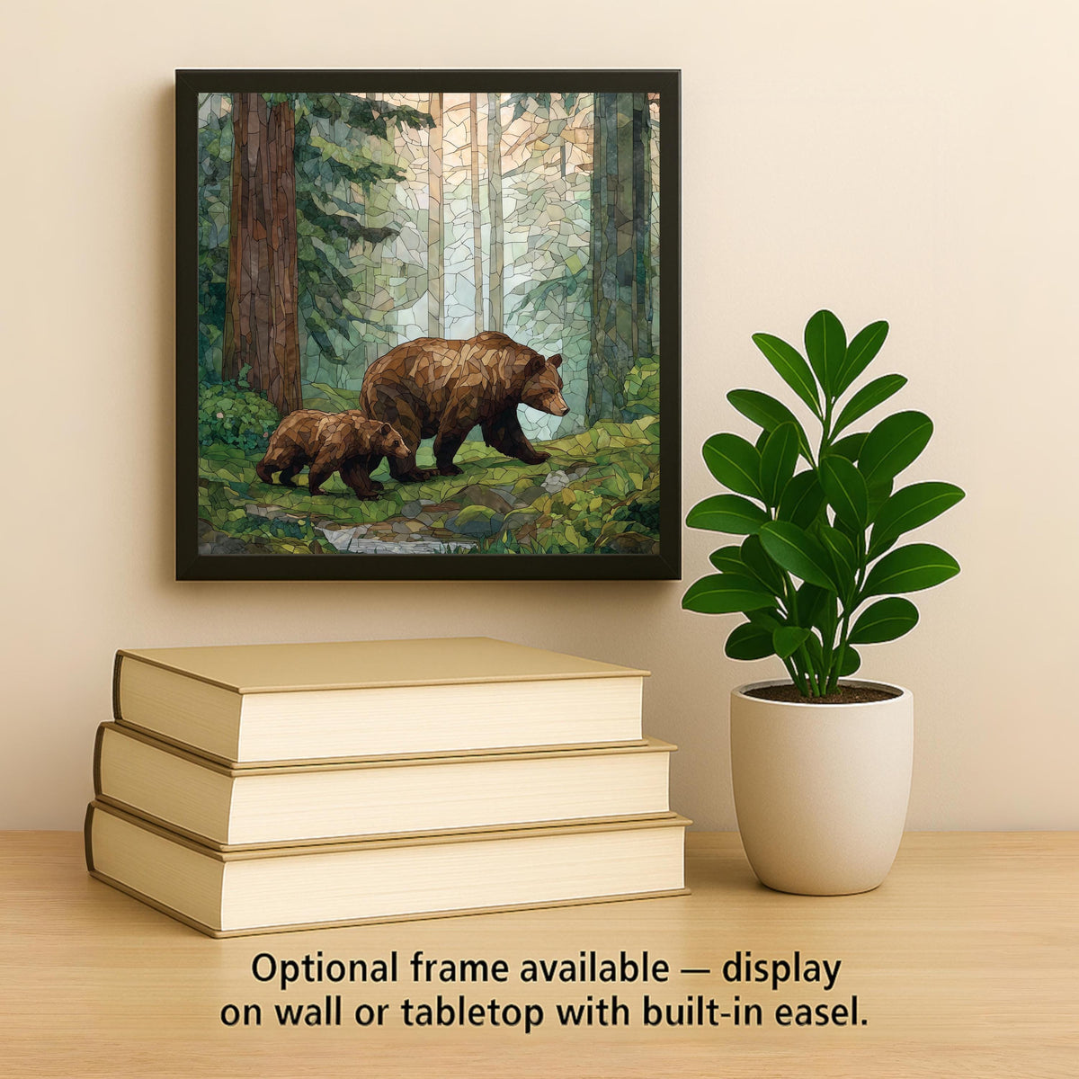 Bear and Cub Wall Art Ceramic Tile Stained Glass Style Woodland Gift Mother Bear Decor Nature Art