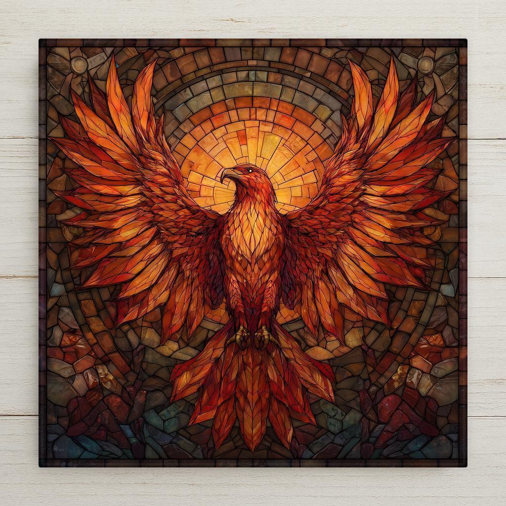 Fiery stained glass-style phoenix ceramic tile with glowing wings and sunburst mosaic background.