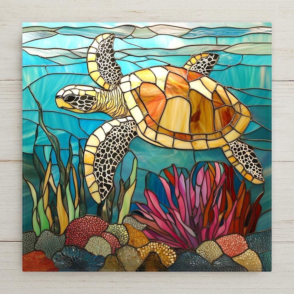 Golden sea turtle ceramic tile home decor in stained glass style, swimming above vibrant coral. A perfect coastal decor piece or ocean-themed wall art gift.