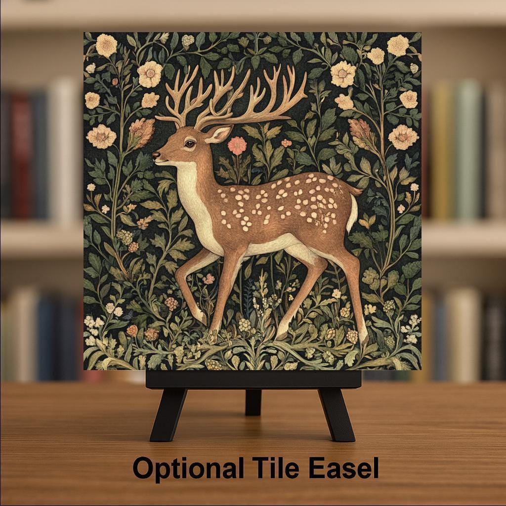 Deer William Morris Ceramic Art Tile: Cabin Wall Decor Nature Lover Gift Woodland Home Decor Wall Art