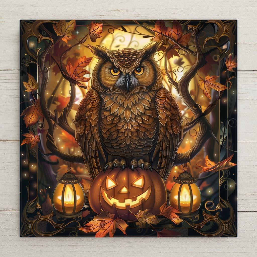 Stained glass style Halloween owl ceramic tile perched on a glowing pumpkin surrounded by autumn lanterns and fall leaves against a deep cobalt night sky, warm amber candlelight and jewel tone orange and gold, a vivid Halloween and autumn home decor gift.
