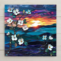 Home decor stained glass style ceramic tile with sculpted dogwood blossoms and a glowing mountain sunset. Raised petals and jewel-tone skies create luminous wall art. Display with optional tile wall hanger, easel tile stand, or cork backing. Perfect nature-inspired gift.