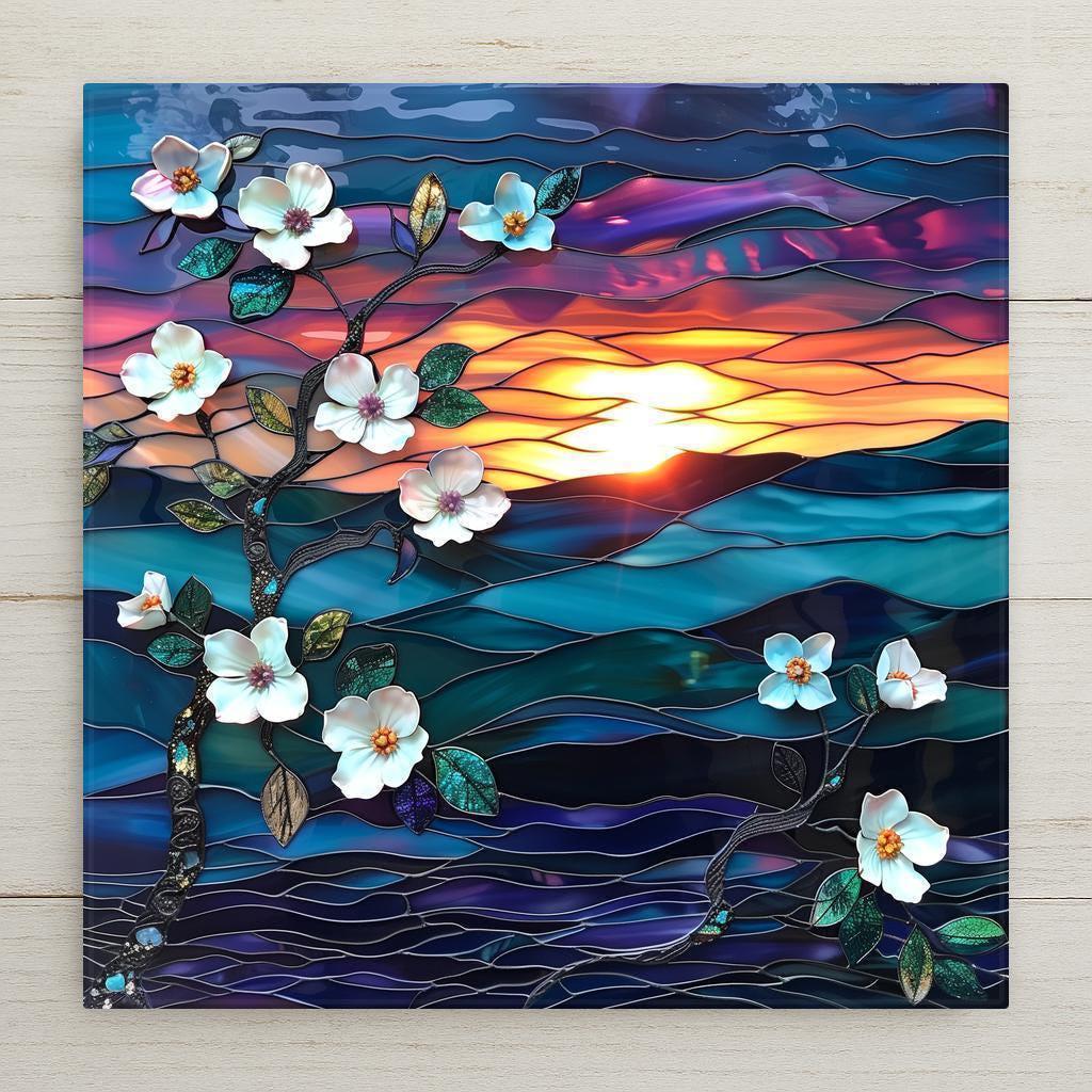 Home decor stained glass style ceramic tile with sculpted dogwood blossoms and a glowing mountain sunset. Raised petals and jewel-tone skies create luminous wall art. Display with optional tile wall hanger, easel tile stand, or cork backing. Perfect nature-inspired gift.