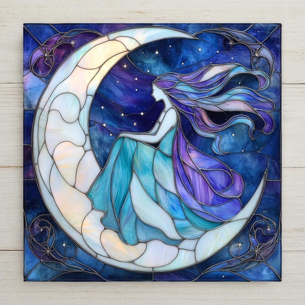 Stained glass style moon goddess ceramic tile with a luminous woman's profile merging with a crescent moon in deep cobalt midnight blue and warm gold tones, mystical celestial home decor.