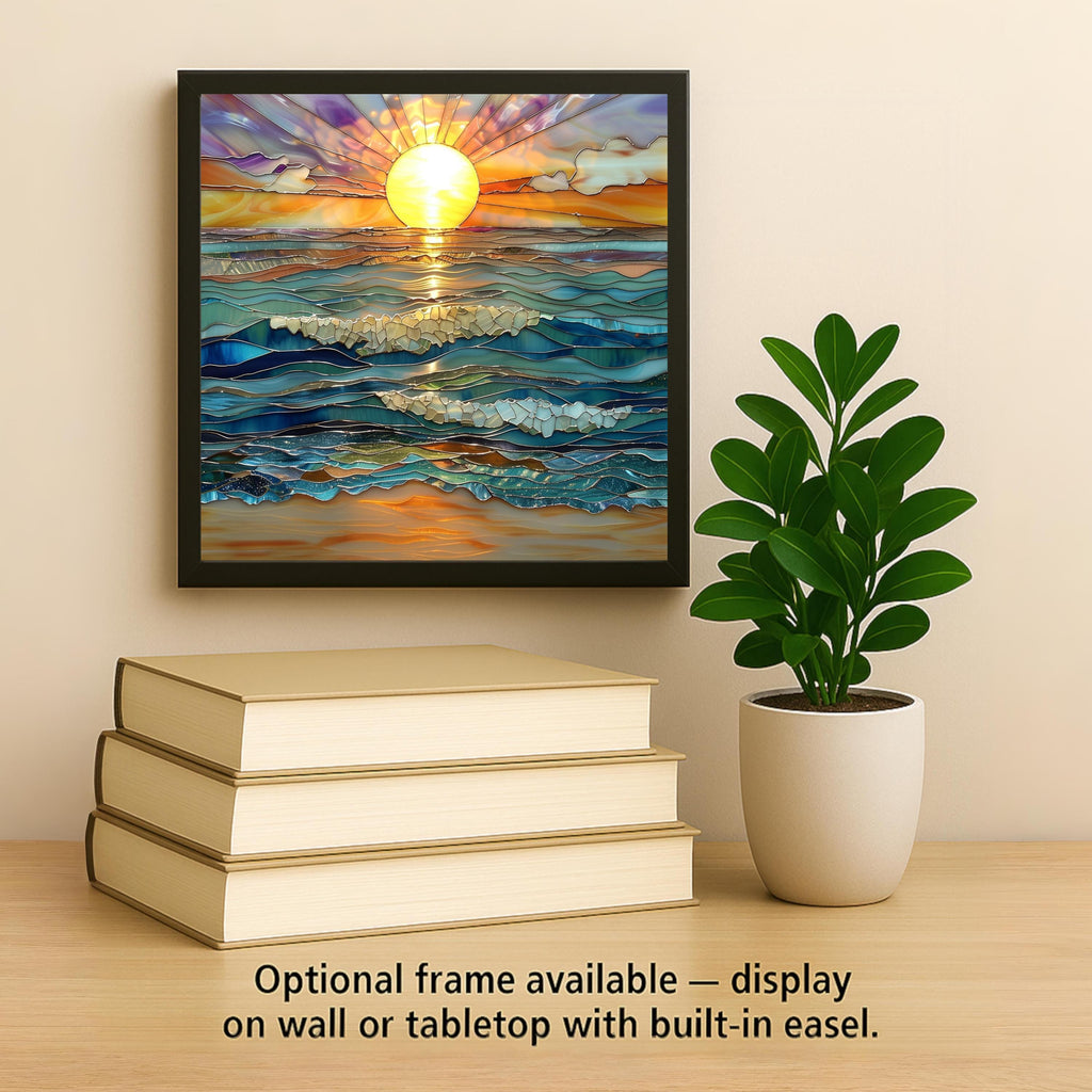 Ocean Waves Sunset Ceramic Tile: Coastal Beach House Wall Art