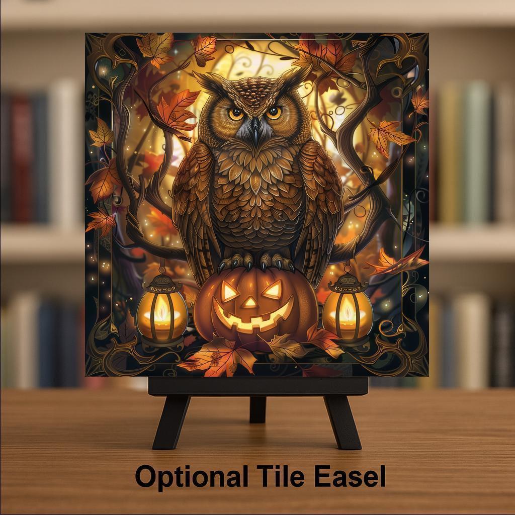 Halloween Owl Wall Art Ceramic Tile Autumn Home Decor Halloween Gift Spooky Decor Pumpkin Art