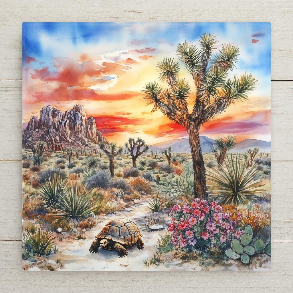 This Joshua Tree ceramic tile art features a tortoise, cactus flowers, and sunset desert landscape. A perfect handmade wall art gift for nature lovers and home decor.