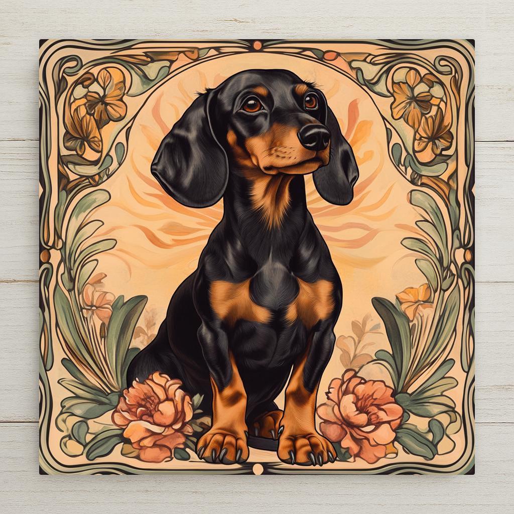 Art Nouveau style ceramic art tile of a black and tan dachshund framed by peach flowers and sage foliage — a dog memorial and remembrance keepsake for pet loss.