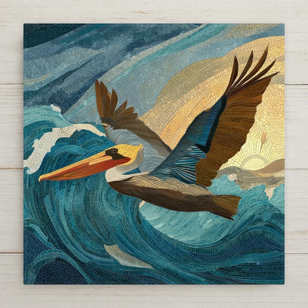 Pelican in Flight ceramic tile wall art featuring ocean blue waves and golden light. Perfect for coastal wall decor or beach home decor. Optional frame, wall hanger, easel, or cork backing available.