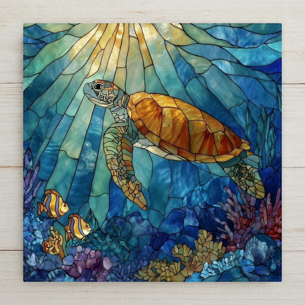 Stained-glass–style sea turtle wall art featuring a graceful turtle swimming through sunlit ocean waters with coral and tropical fish. This luminous ceramic tile symbolizes peace, protection, and ocean life, making it calming coastal decor or a meaningful nature-inspired gift. Optional wall hanger, easel stand, cork backing, or premium frame available.