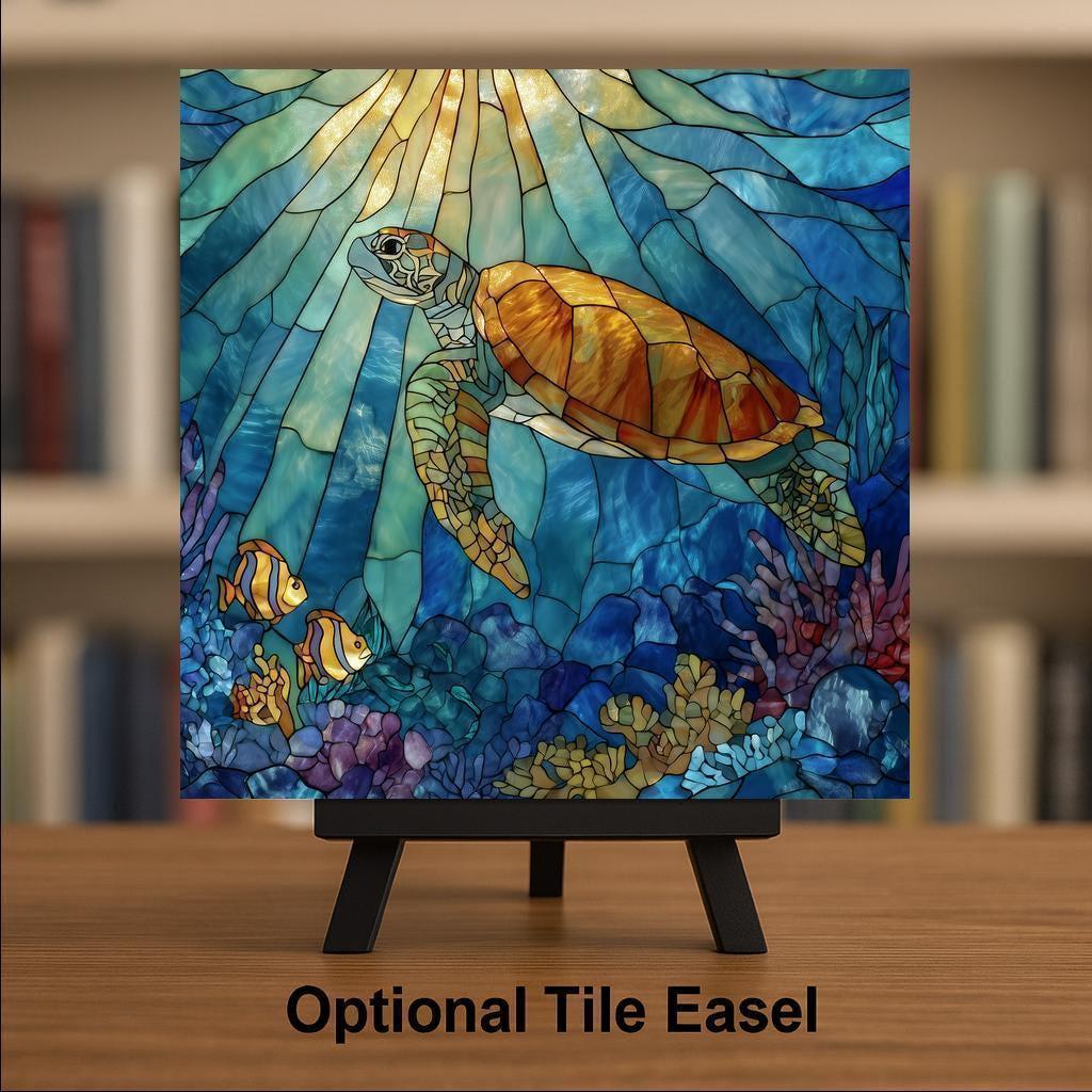 Sea Turtle Wall Art Ceramic Tile Stained Glass Style Ocean Gift Coastal Decor Marine Nature Wildlife