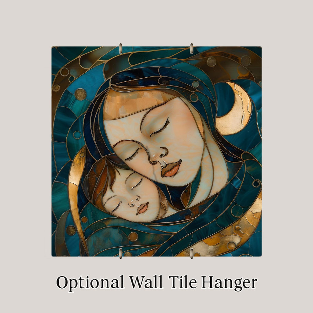 Mother and Child Calming Wall Art Ceramic Tile – Stained Glass Style, Peaceful Home Decor