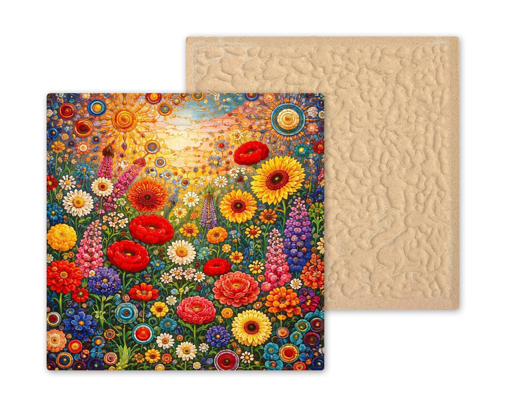 Floral Meadow Ceramic Art Tile – Stained Glass Style Wildflower Wall Decor, Colorful Botanical Garden Gift