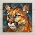 Stained glass–style cougar ceramic tile wall art featuring a powerful mountain lion in rich earth tones. A permanent print on ceramic tile, not real stained glass or mosaic. Ideal for wildlife wall decor, cabin decor, or nature-inspired home decor. Optional tile wall hanger, easel tile stand, cork backing, or premium frame available.