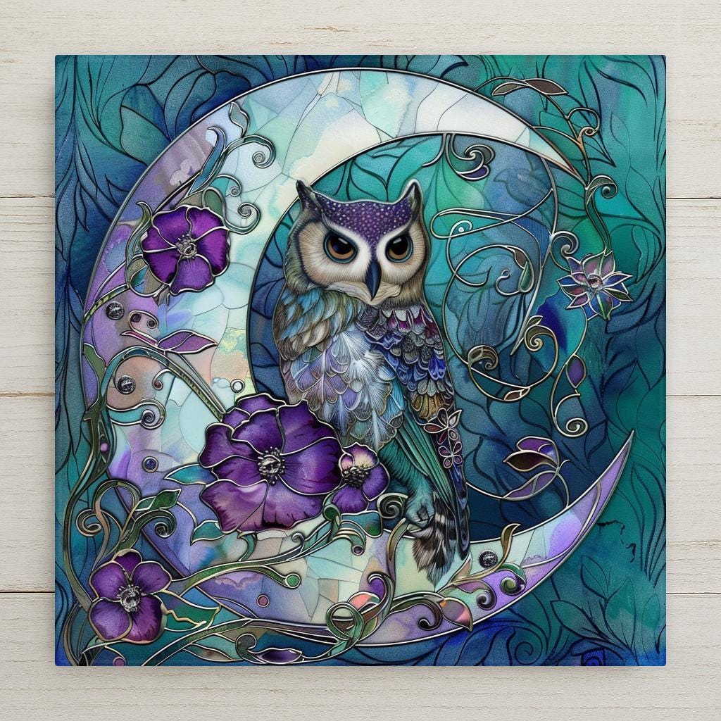 Enchant your home with this moon owl ceramic tile art! Inspired by stained glass, it features a wise owl on a crescent moon with purple flowers. Though it looks like stained glass, it’s a permanent ceramic print. Optional add-ons: tile wall hanger, easel tile stand, cork backing. A magical gift or decor piece! This owl wall art will make a great gift.
