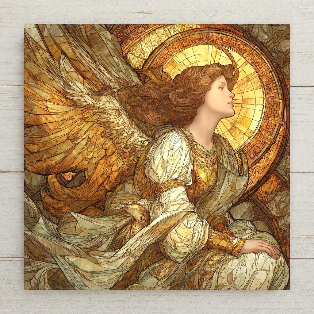 Guardian angel ceramic tile wall art featuring a stained glass–style angel with golden wings and halo. Symbolic artwork representing comfort, remembrance, and protection. A meaningful home decor piece or sympathy gift with optional wall hanger, easel stand, cork backing, or premium frame for display.