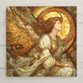 Guardian angel ceramic tile wall art featuring a stained glass–style angel with golden wings and halo. Symbolic artwork representing comfort, remembrance, and protection. A meaningful home decor piece or sympathy gift with optional wall hanger, easel stand, cork backing, or premium frame for display.
