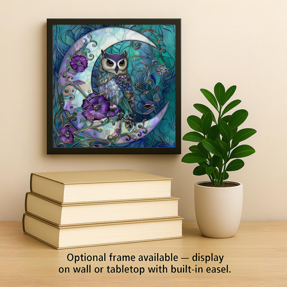 Moon Flower Owl Stained Glass Style Ceramic Art Tile: Nature Wall Decor Bird Lover Gift Home Decor Wall Art