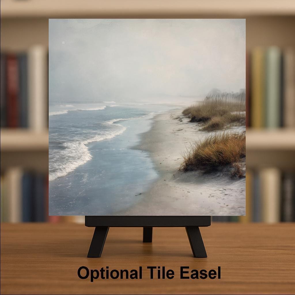 Foggy Coastal Beach Ceramic Art Tile – Serene Ocean Shore Wall Decor, Calm Neutral Beach Lover Gift