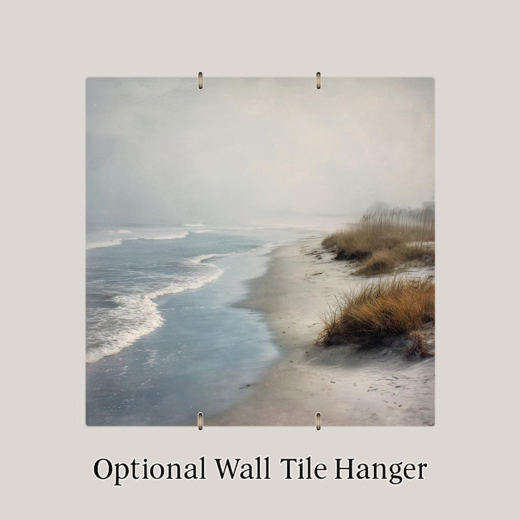 Foggy Coastal Beach Ceramic Art Tile – Serene Ocean Shore Wall Decor, Calm Neutral Beach Lover Gift