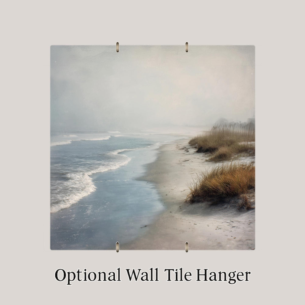 Foggy Coastal Beach Ceramic Art Tile – Serene Ocean Shore Wall Decor, Calm Neutral Beach Lover Gift
