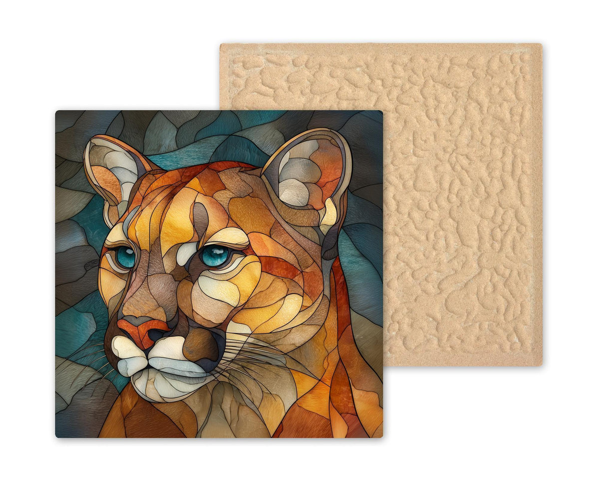 Cougar Stained Glass Style Ceramic Art Tile – Mountain Lion Wildlife Wall Decor, Rustic Cabin Nature Gift