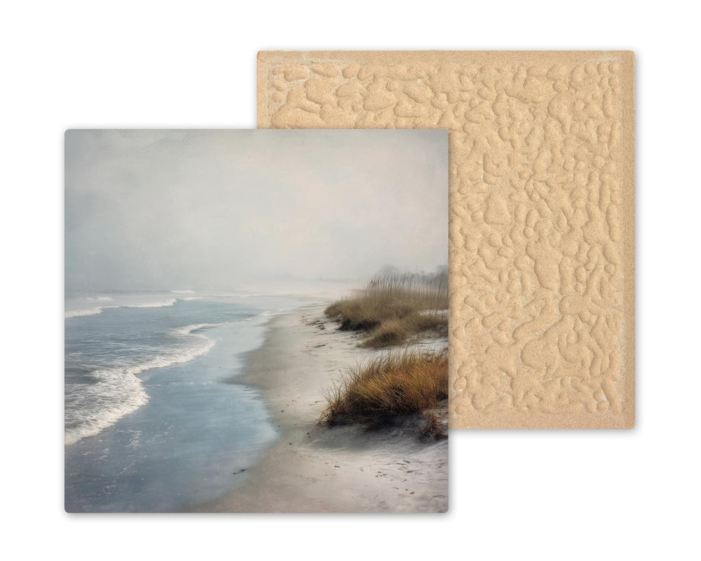 Foggy Coastal Beach Ceramic Art Tile – Serene Ocean Shore Wall Decor, Calm Neutral Beach Lover Gift
